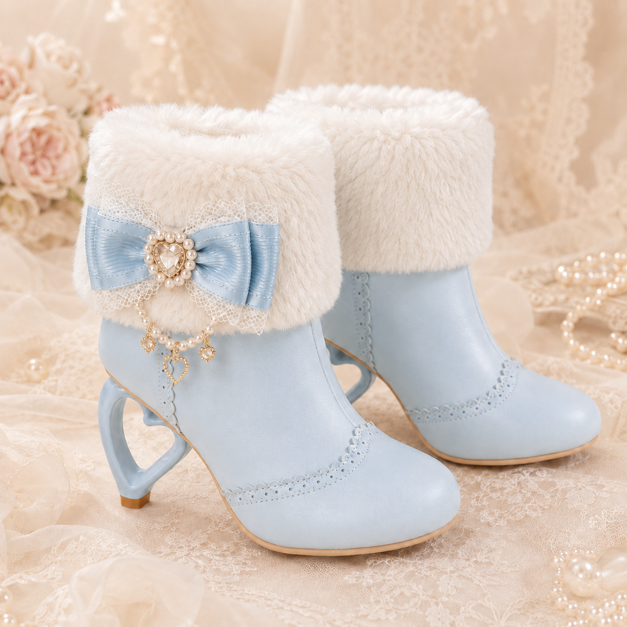 Pure Dream | Heart Heel Fluffy Bow Ankle Boots