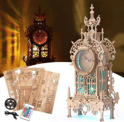 3D Wood Puzzle LED Tower Clock, 3D Puzzle Building Desktop Clock Model DIY Architectural Building Blocks (LED-TC01 Wood)