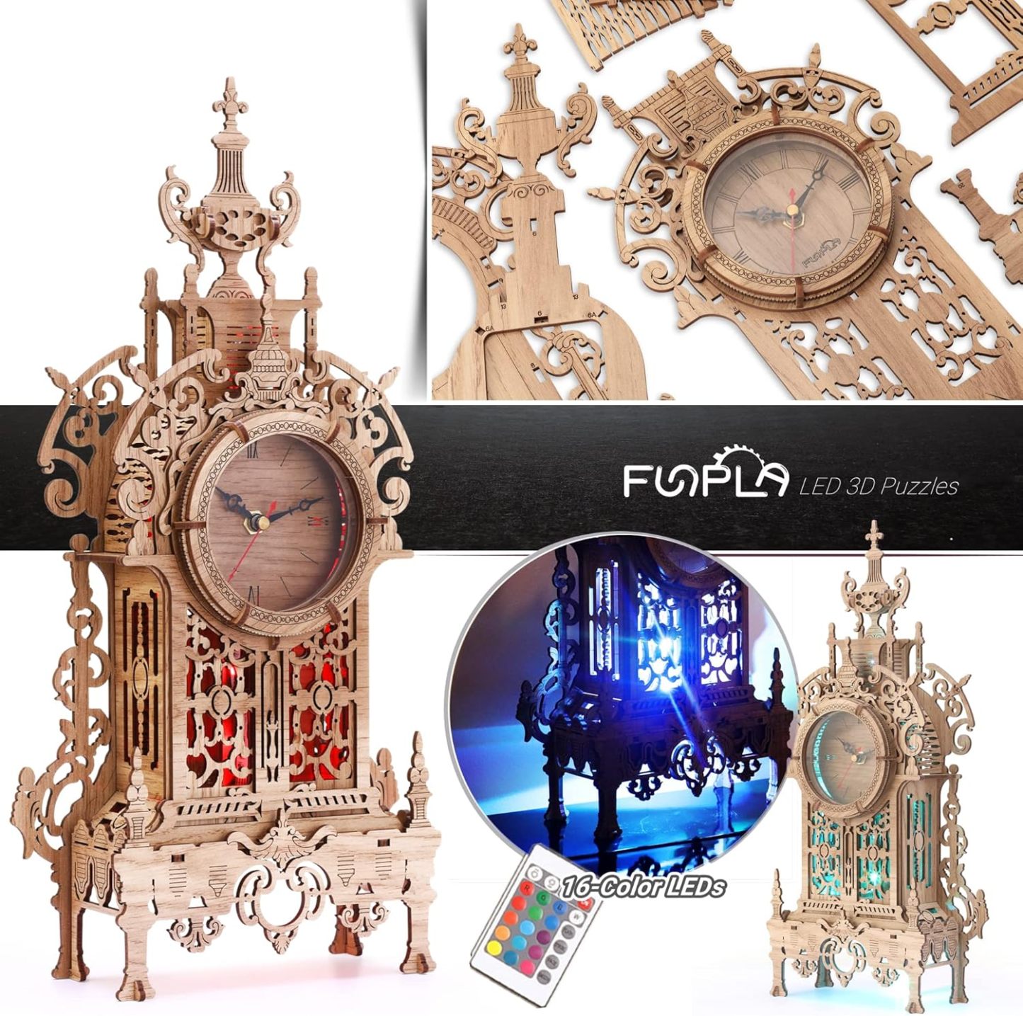 3D Wood Puzzle LED Tower Clock, 3D Puzzle Building Desktop Clock Model DIY Architectural Building Blocks (LED-TC01 Wood)