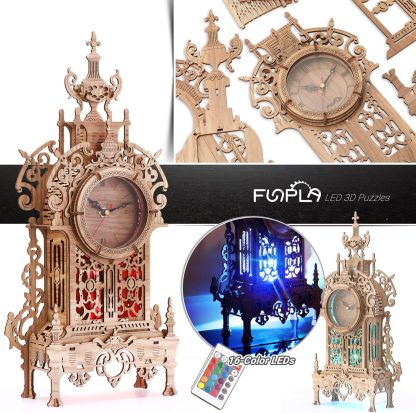 3D Wood Puzzle LED Tower Clock, 3D Puzzle Building Desktop Clock Model DIY Architectural Building Blocks (LED-TC01 Wood)