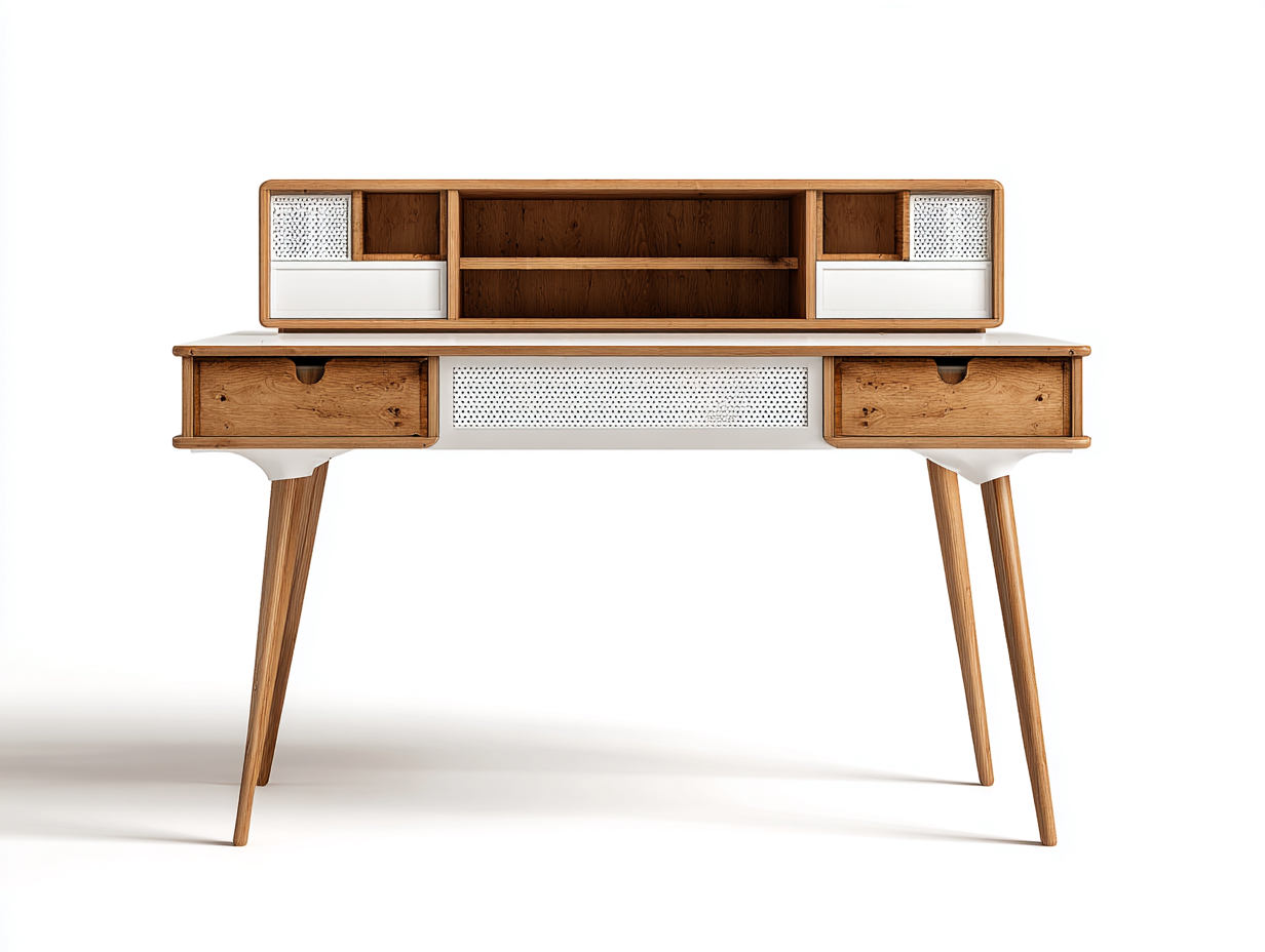 Schreibtisch-Holzwerkstoff-Holz-Rattan-138x60x102 cm-Weiß-Natur-Skandinavischer Stil-Cottaupbay