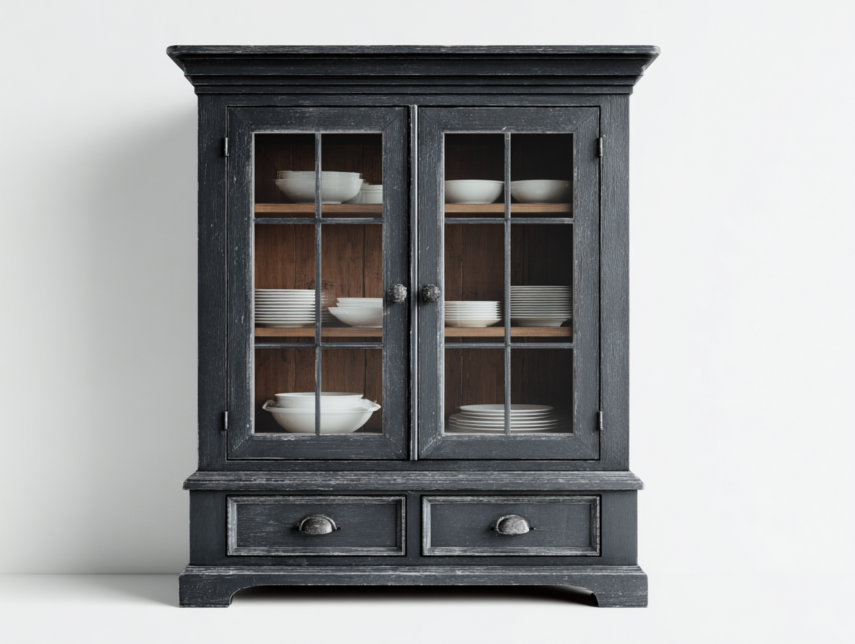 Vitrine-Holz-Glas-136x45x190 cm-Dunkelgrau-Landhausstil-Cottaupbay