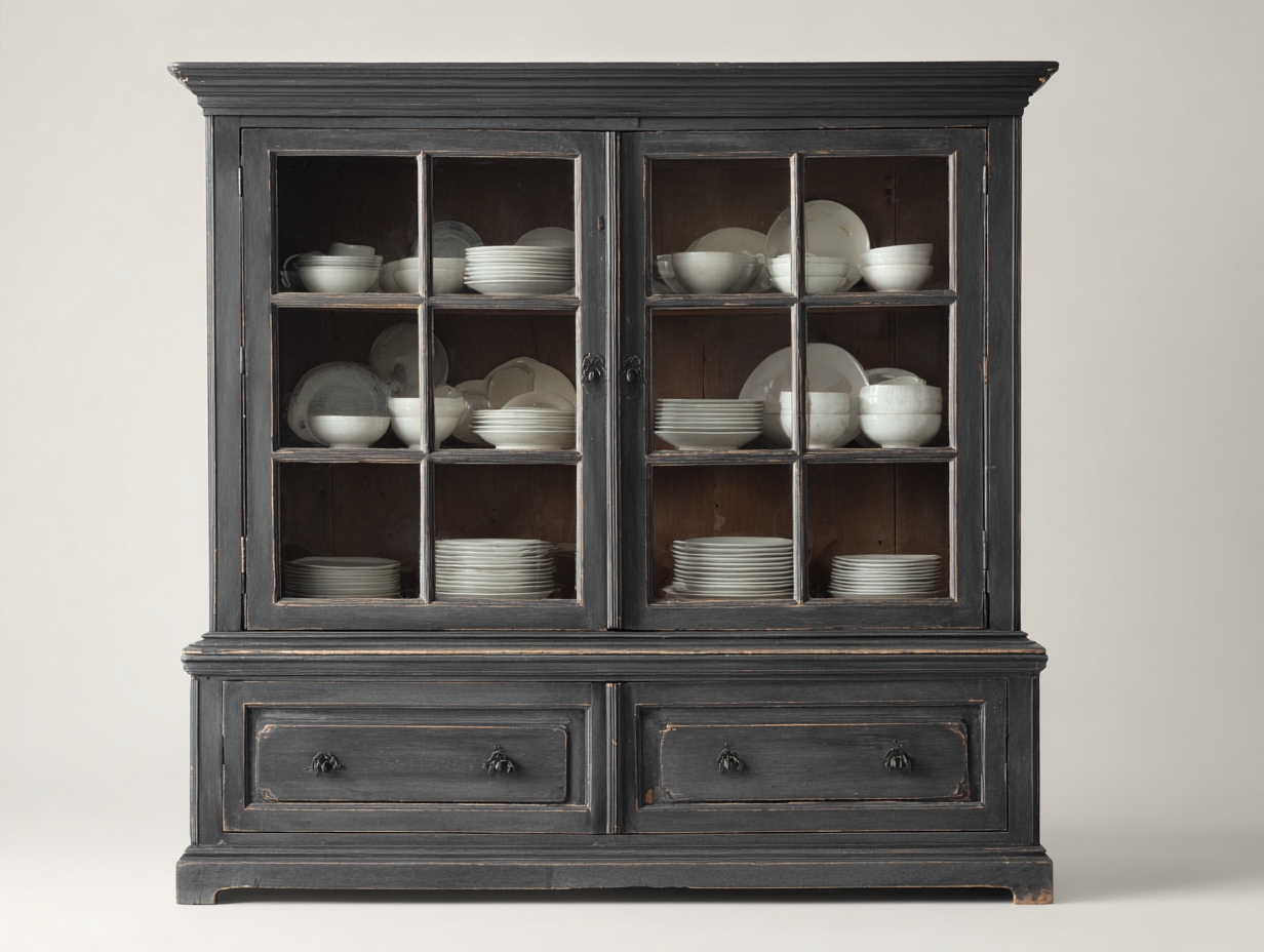 Vitrine-Holz-Glas-162x48x198 cm-Schwarz-Landhausstil-Cottaupbay