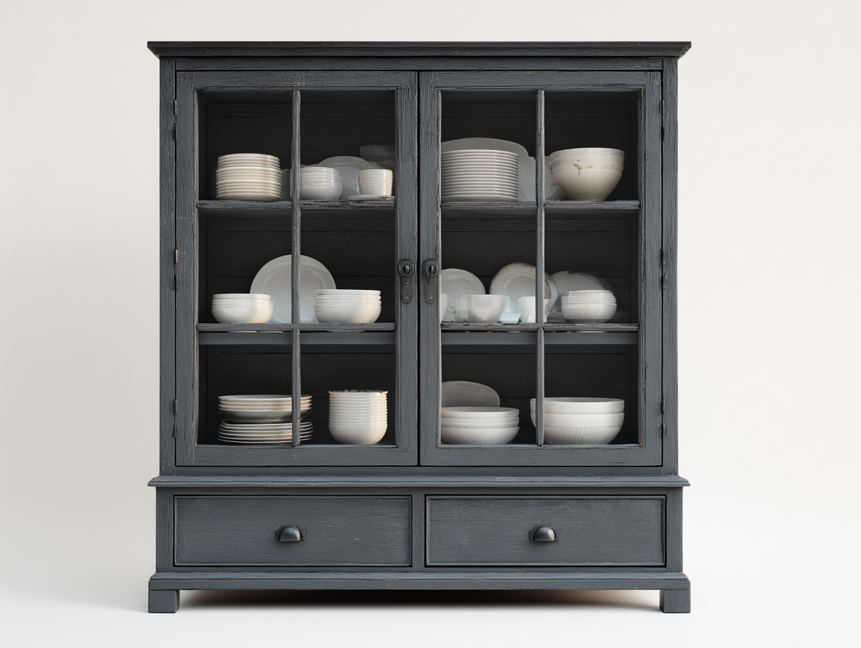 Vitrine-Holz-Glas-156x44x192 cm-Grau-Landhausstil-Cottaupbay