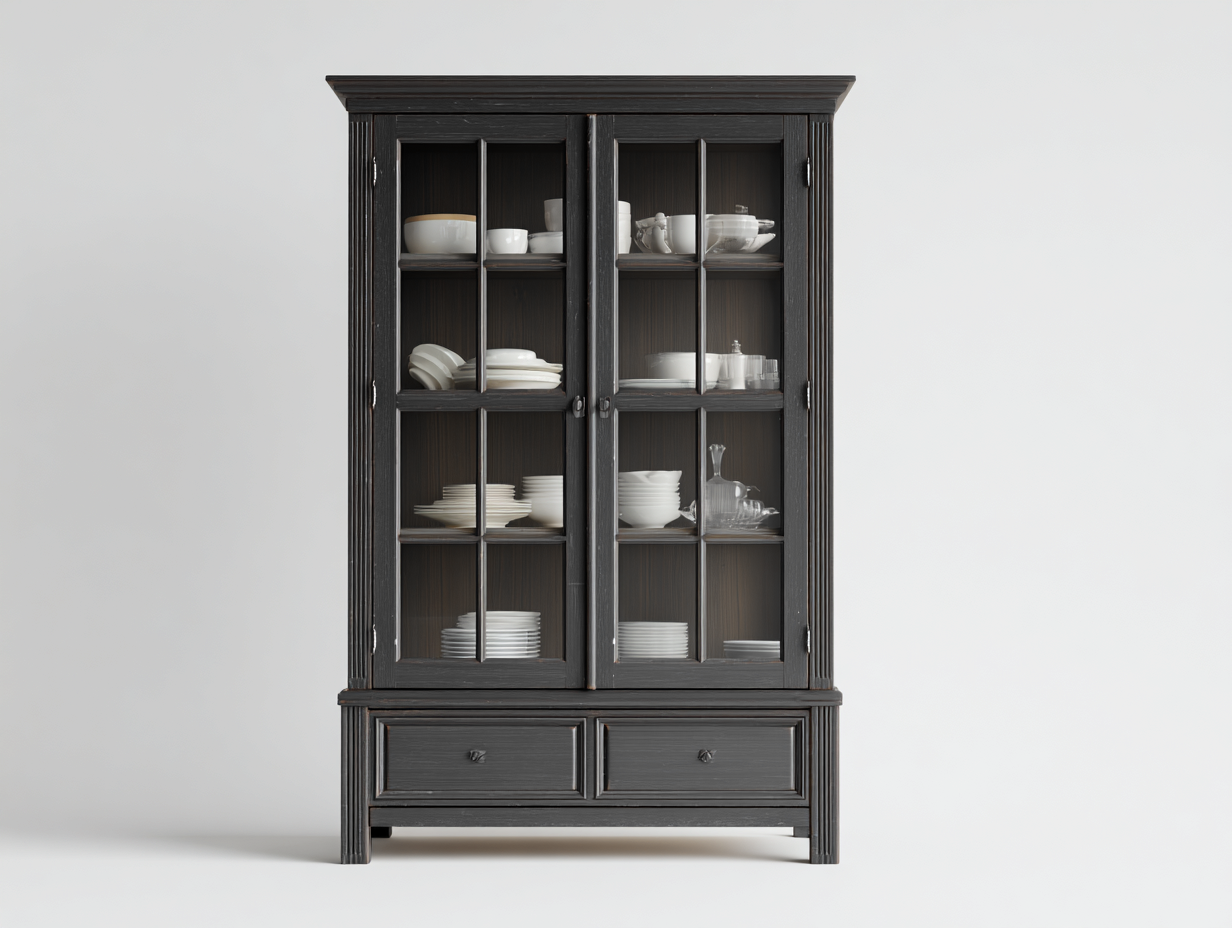 Vitrine-Holz-Glas-118x42x198 cm-Schwarz-Landhausstil-Cottaupbay