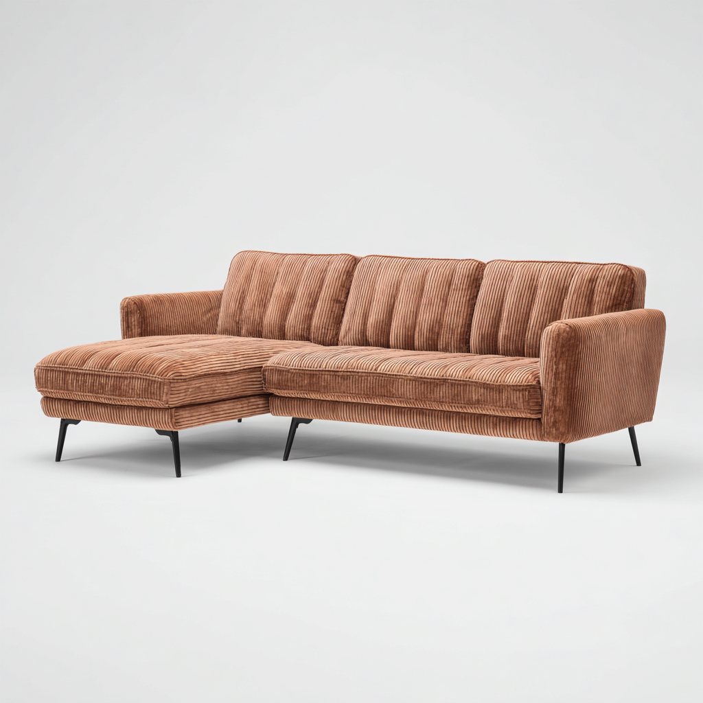 Divano angolare in velluto a coste imbottito 265x155x85 cm - marrone - per soggiorno - design moderno-Oakgohaus