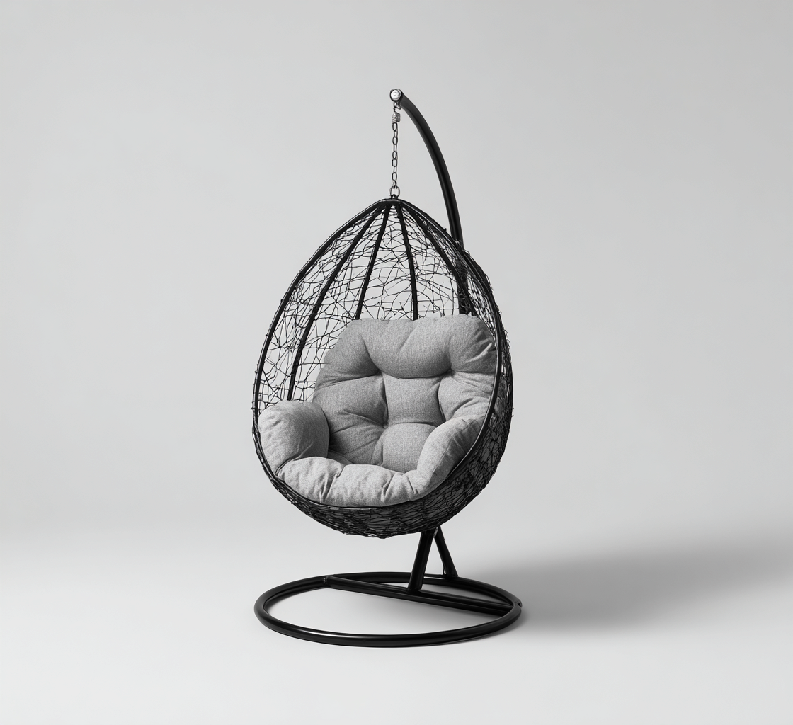 Poltrona sospesa da giardino in rattan e metallo 98x92x190 cm - Grigio - Nero - Design moderno per esterni-Oakgohaus