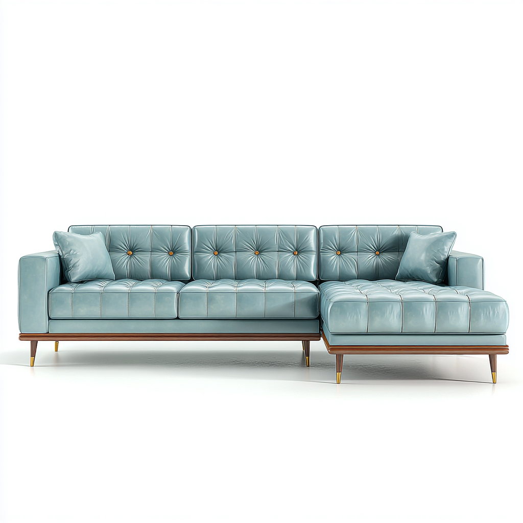 Divano angolare in pelle imbottita 260x165x80 cm - azzurro chiaro - per soggiorno - stile moderno retrò-Oakgohaus