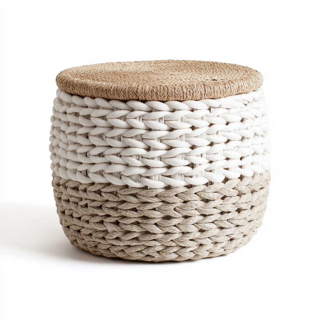 Pouf intrecciato in fibra naturale 40x40x45 cm - bianco - beige - per soggiorno - design naturale-Oakgohaus
