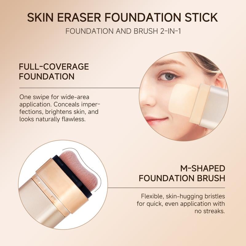 QIANWHITE Luminous Dual-Ended Concealer Foundation Stick with Built-in Brushes Complimentary Puff 24H Long-Lasting Waterproof Sweatproof One-Swipe Even Flawless Base Clear Radiant Skin Foundation Stick