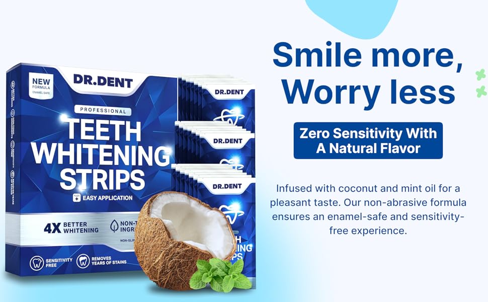 Text reads 'DR.DENT TEETH WHITENING STRIPS' and 'Smile more, Worry less'. Blue and white product packaging for teeth whitening strips with mint leaves decoration.