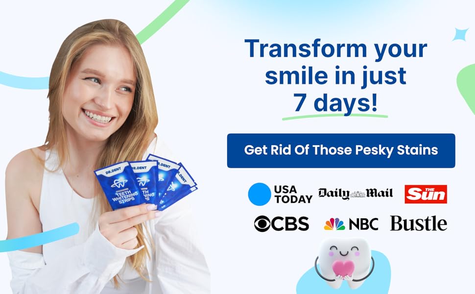 Text reads: 'Transform your smile in just 7 days!' with logos for USA Today, Daily Mail, CBS, NBC, and Bustle. Shows person holding blue dental treatment strips.