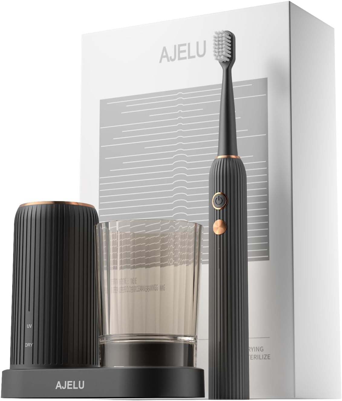 Electric Toothbrush Set with Drying & Sanitizing Holder, 8 Replacement Brush Heads, Transparent Rinse Cup, Smart Timer, USB Rechargeable for Adults