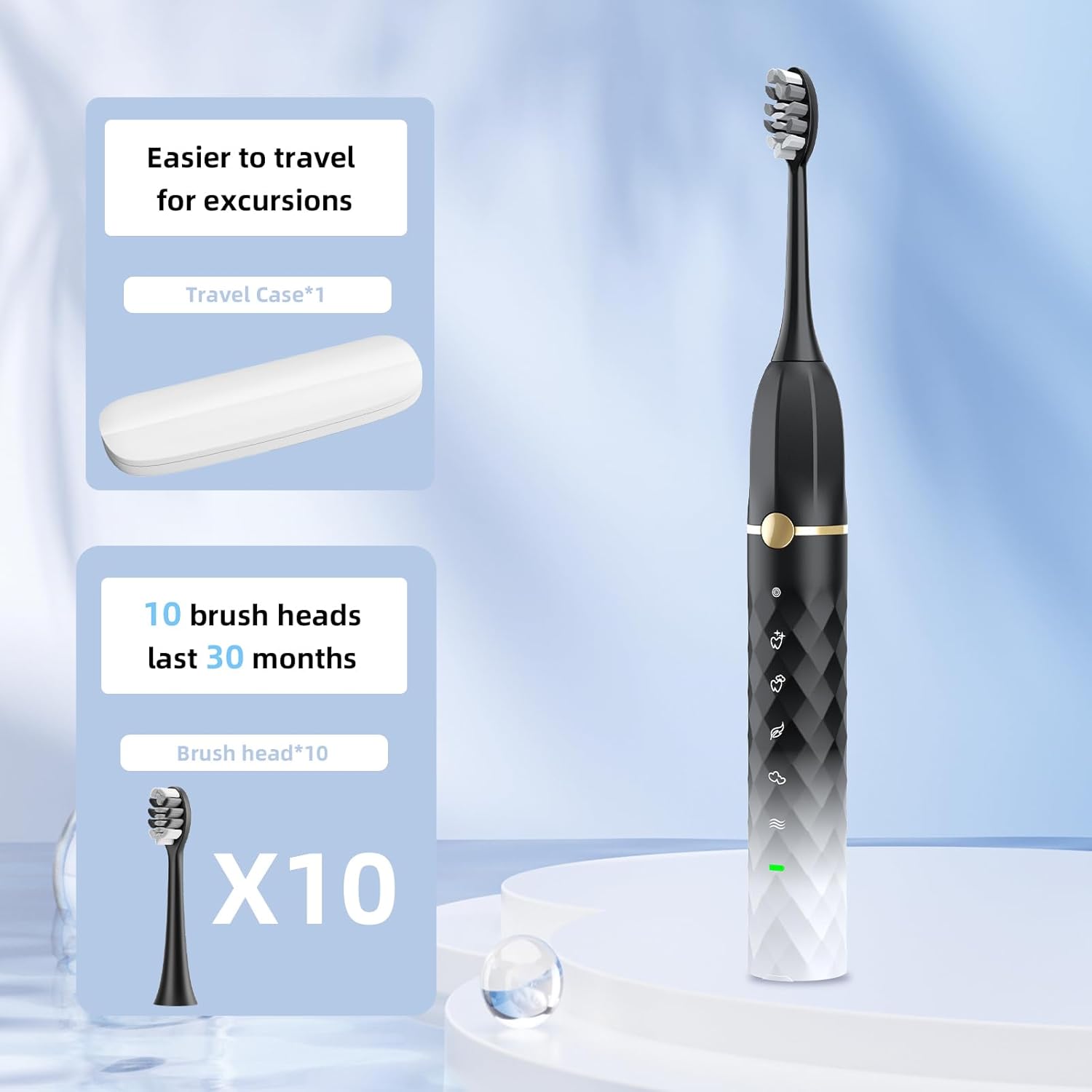 Sonic Electric Toothbrush Set, Equipped with 10 Brush Heads and Travel Case, IPX8 Waterproof, 2-Minute Timer, 42000 High-Frequency Vibrations, 5 Modes, The First Choice for Gift Giving, Black White