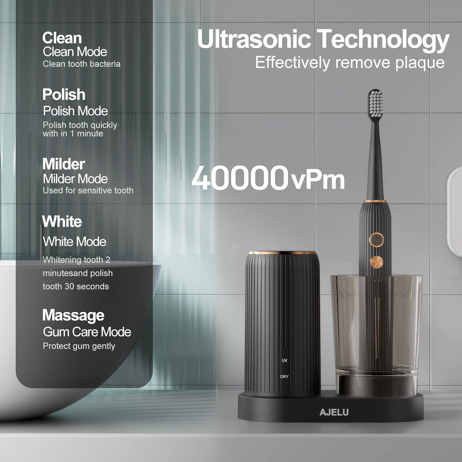 Electric Toothbrush Set with Drying & Sanitizing Holder, 8 Replacement Brush Heads, Transparent Rinse Cup, Smart Timer, USB Rechargeable for Adults