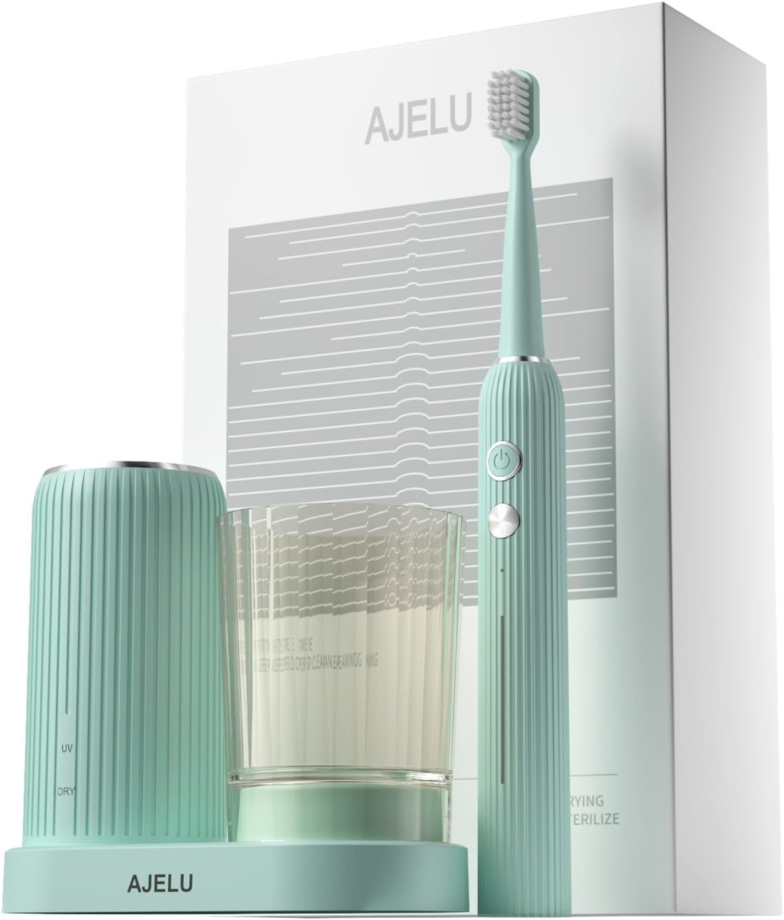 Electric Toothbrush Set with Drying & Sanitizing Holder, 8 Replacement Brush Heads, Transparent Rinse Cup, Smart Timer, USB Rechargeable for Adults