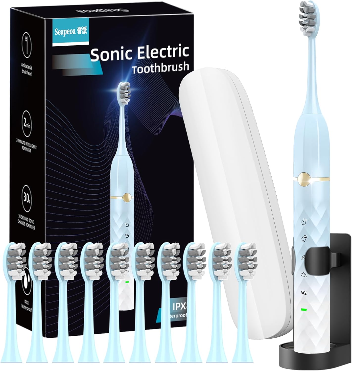 Sonic Electric Toothbrush Set, Equipped with 10 Brush Heads and Travel Case, IPX8 Waterproof, 2-Minute Timer, 42000 High-Frequency Vibrations, 5 Modes, The First Choice for Gift Giving, Black White