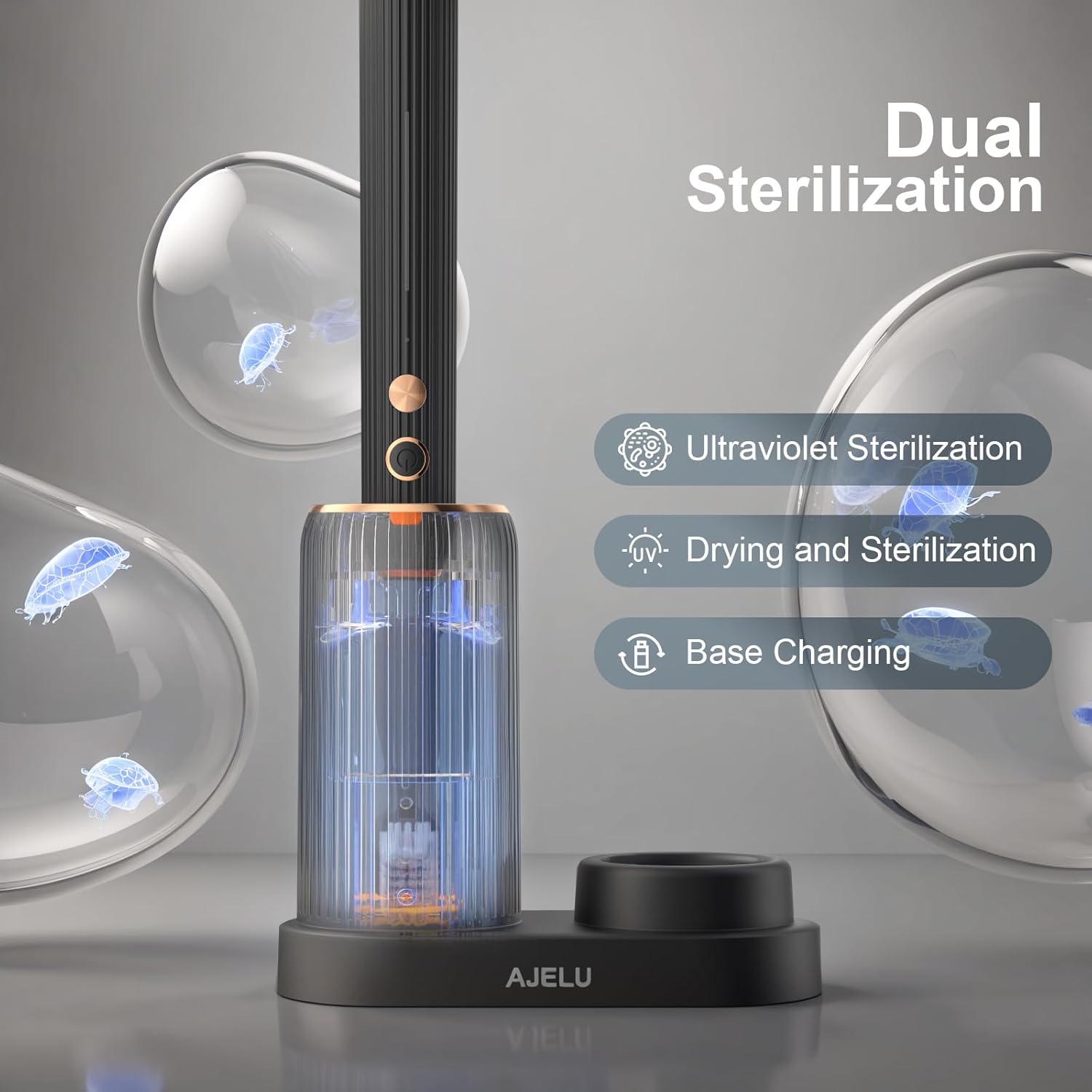 Electric Toothbrush Set with Drying & Sanitizing Holder, 8 Replacement Brush Heads, Transparent Rinse Cup, Smart Timer, USB Rechargeable for Adults