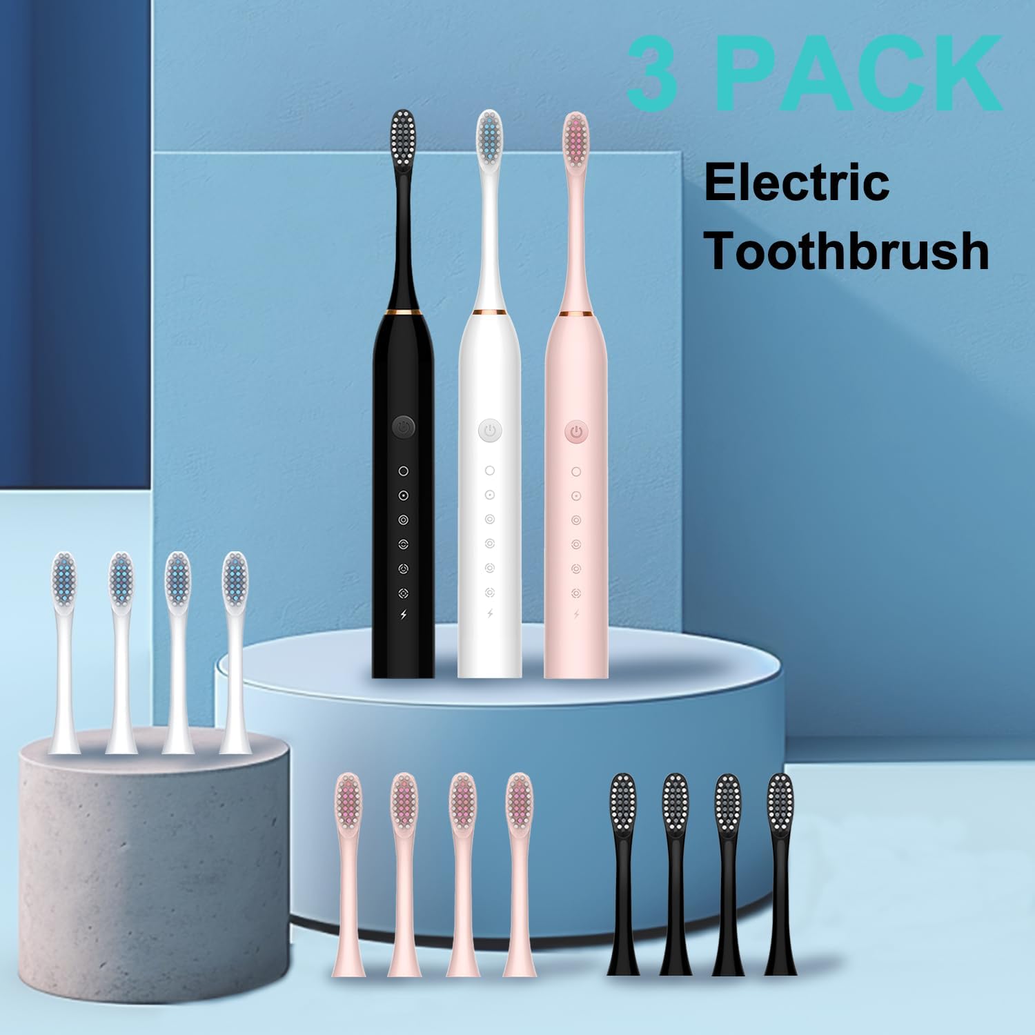 3 Pack Electric Toothbrush with 6 Modes, Rechargeable Toothbrushes with 12 Brush Head, Fast Charge 2 Min and 30s Timer Toothbrush