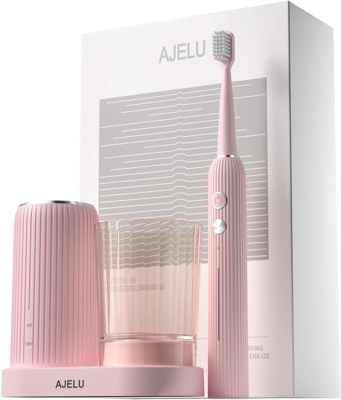 Electric Toothbrush Set with Drying & Sanitizing Holder, 8 Replacement Brush Heads, Transparent Rinse Cup, Smart Timer, USB Rechargeable for Adults