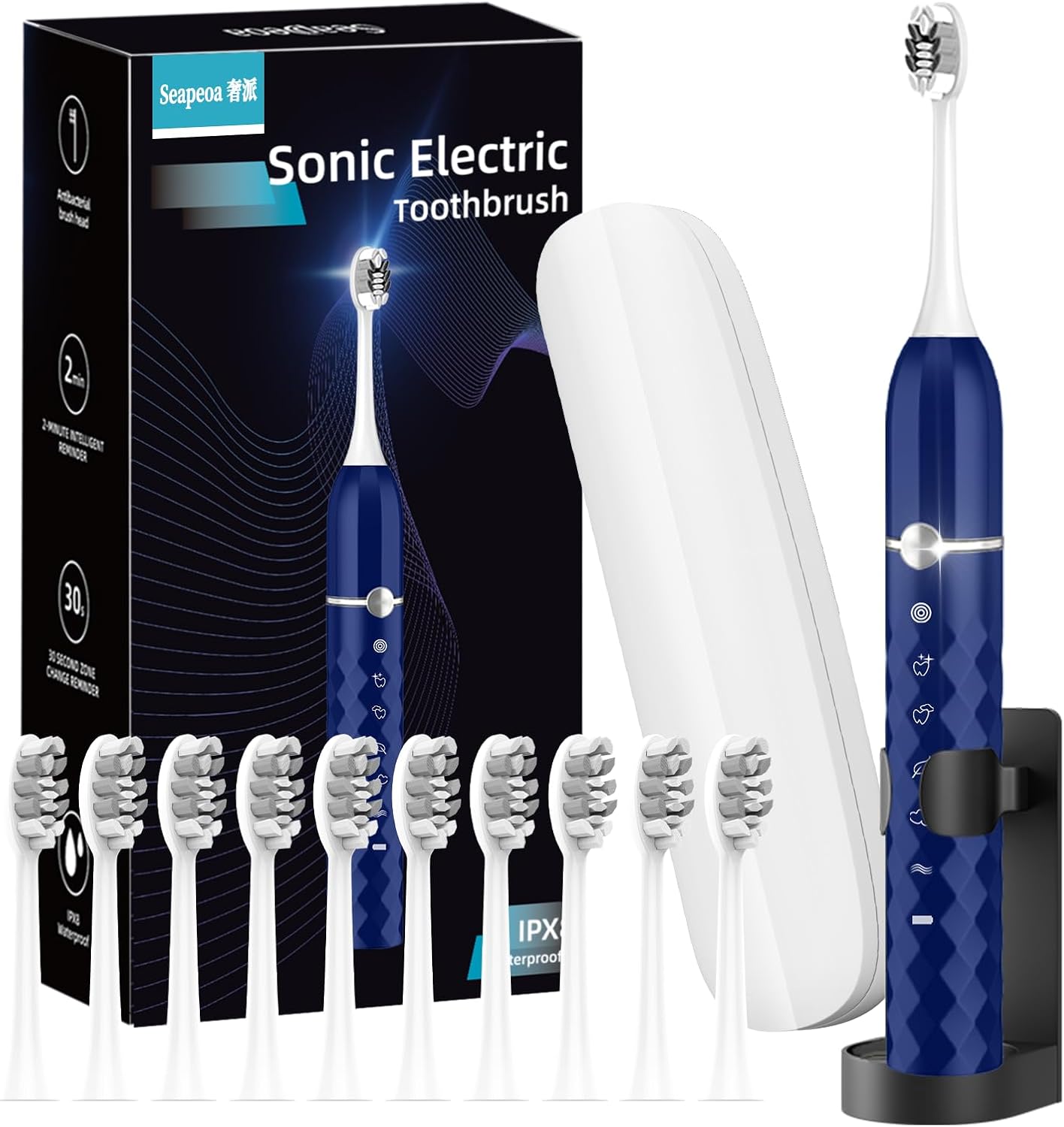 Sonic Electric Toothbrush Set, Equipped with 10 Brush Heads and Travel Case, IPX8 Waterproof, 2-Minute Timer, 42000 High-Frequency Vibrations, 5 Modes, The First Choice for Gift Giving, Black White