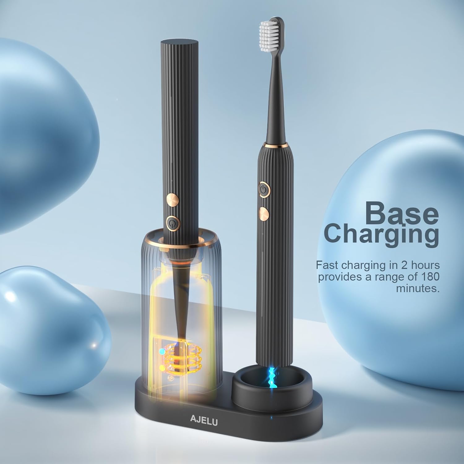 Electric Toothbrush Set with Drying & Sanitizing Holder, 8 Replacement Brush Heads, Transparent Rinse Cup, Smart Timer, USB Rechargeable for Adults