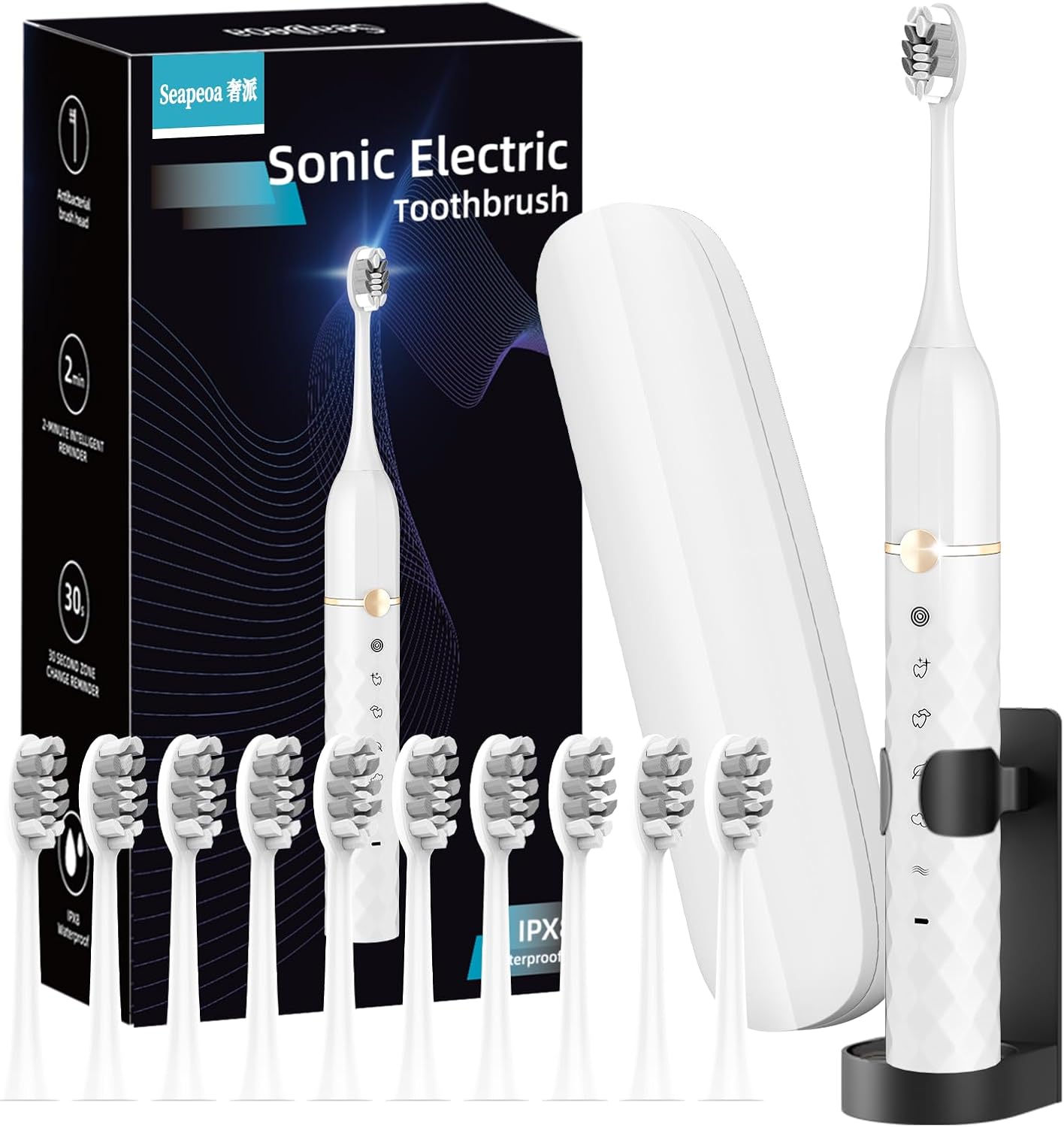 Sonic Electric Toothbrush Set, Equipped with 10 Brush Heads and Travel Case, IPX8 Waterproof, 2-Minute Timer, 42000 High-Frequency Vibrations, 5 Modes, The First Choice for Gift Giving, Black White