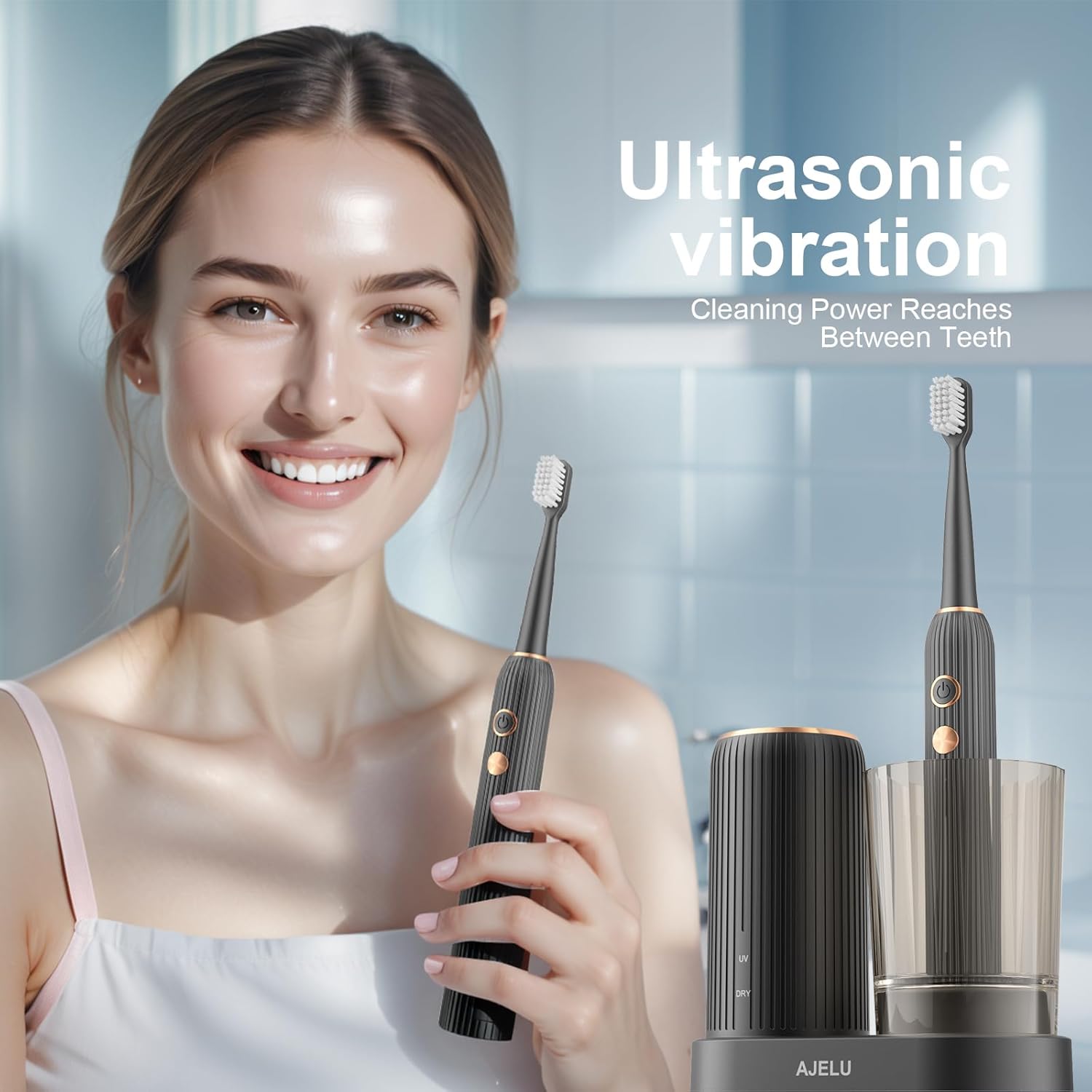 Electric Toothbrush Set with Drying & Sanitizing Holder, 8 Replacement Brush Heads, Transparent Rinse Cup, Smart Timer, USB Rechargeable for Adults