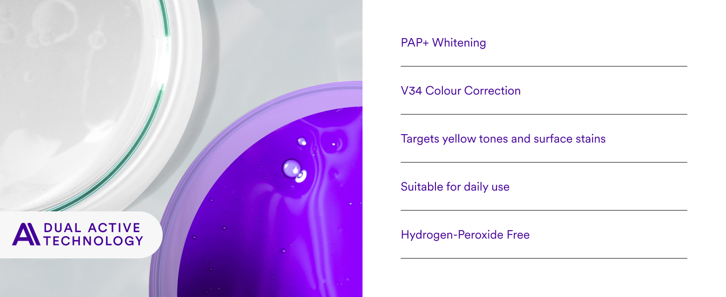 PAP+ Teeth Whitening + V34 Purple Colour corrector combined in an instant teeth whitening strip