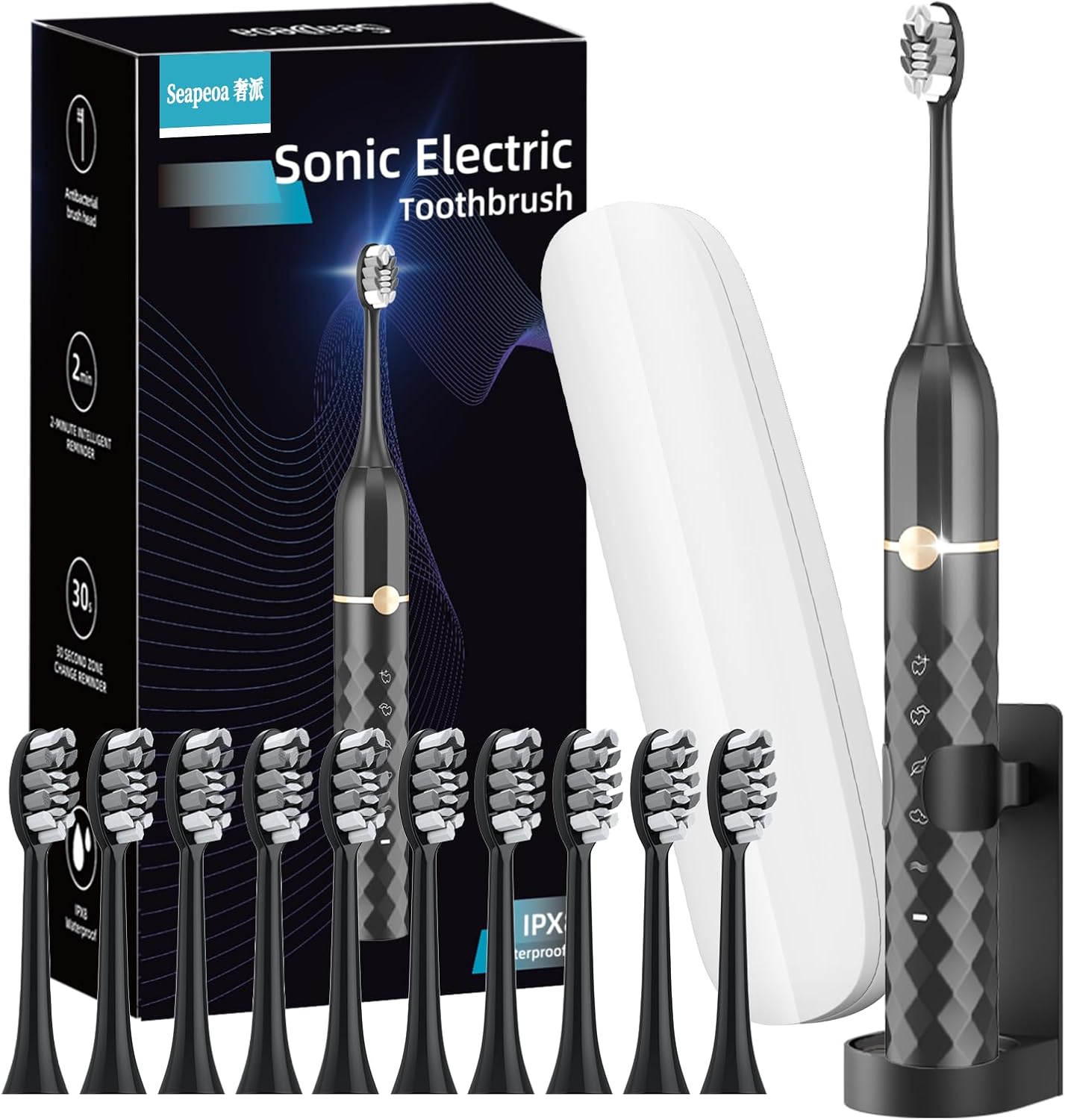 Sonic Electric Toothbrush Set, Equipped with 10 Brush Heads and Travel Case, IPX8 Waterproof, 2-Minute Timer, 42000 High-Frequency Vibrations, 5 Modes, The First Choice for Gift Giving, Black White