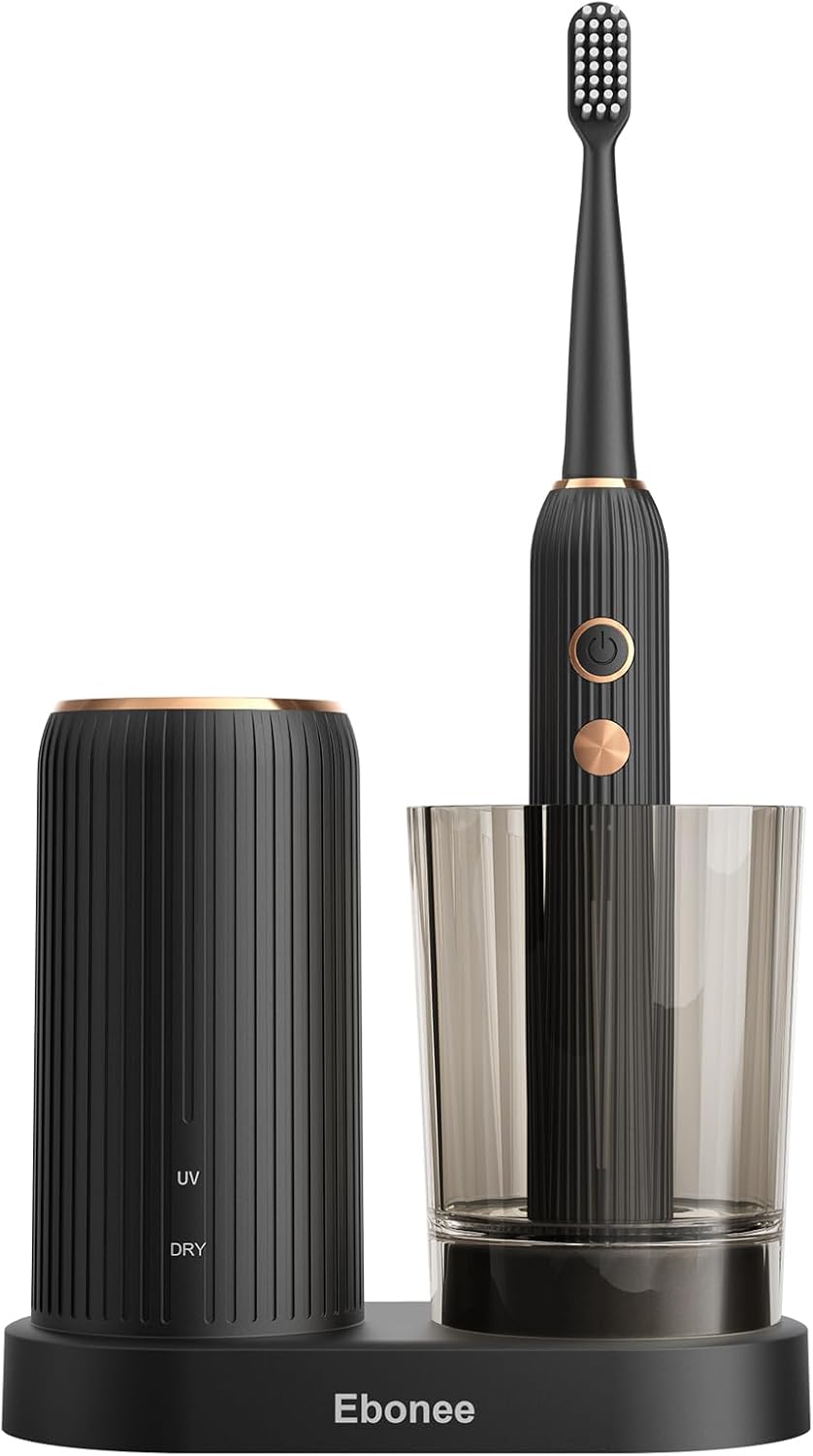 Electric Toothbrush Set with Drying & Sanitizing Holder, 8 Replacement Brush Heads, Transparent Rinse Cup, Smart Timer, USB Rechargeable for Adults