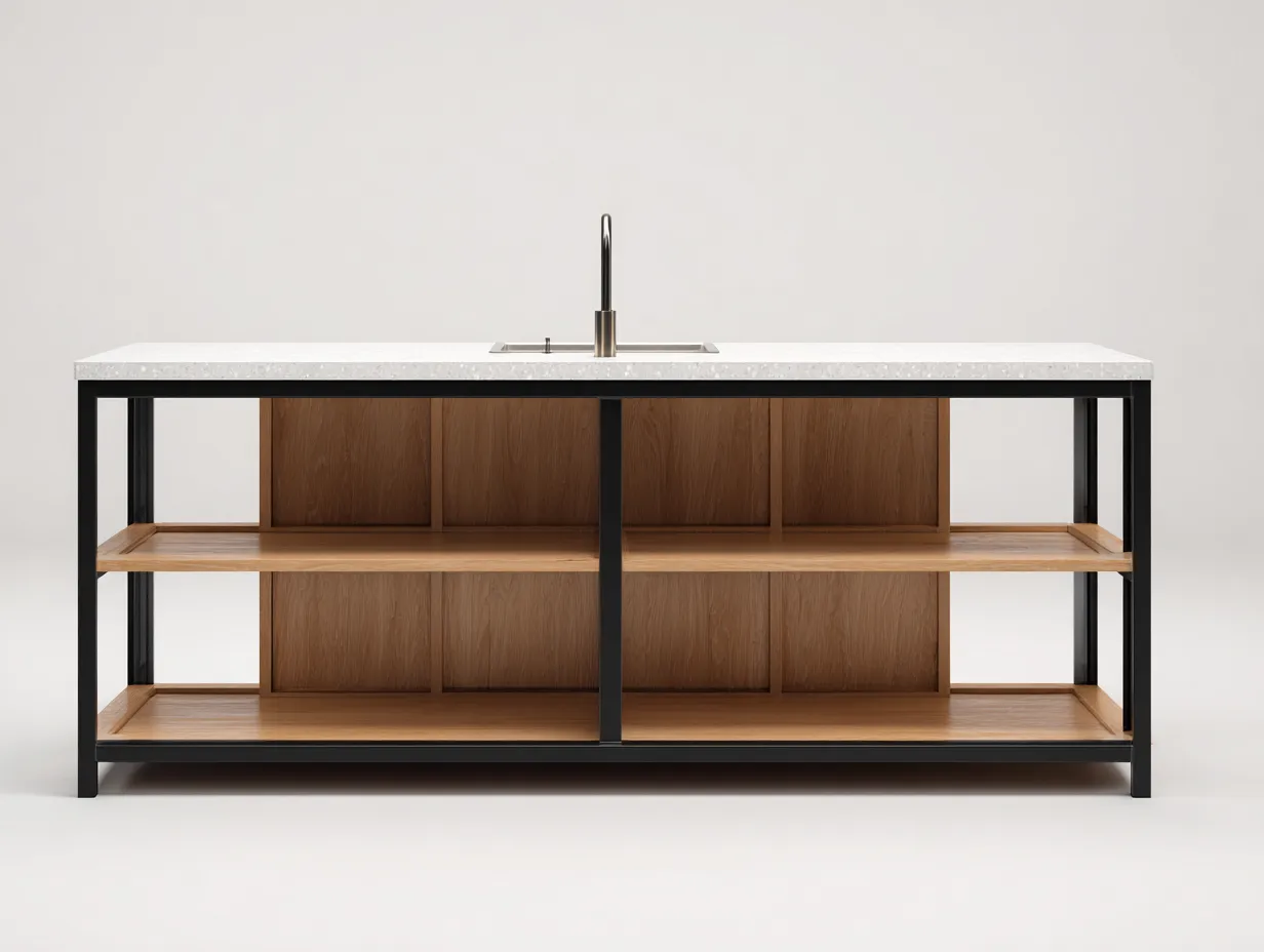Islas de cocina con estantes de madera y estructura metálica 160x80x90 cm natural y negro - diseño industrial - para cocina-Bamboogoio