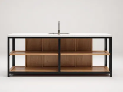 Islas de cocina con estantes de madera y estructura metálica 160x80x90 cm natural y negro - diseño industrial - para cocina-Bamboogoio