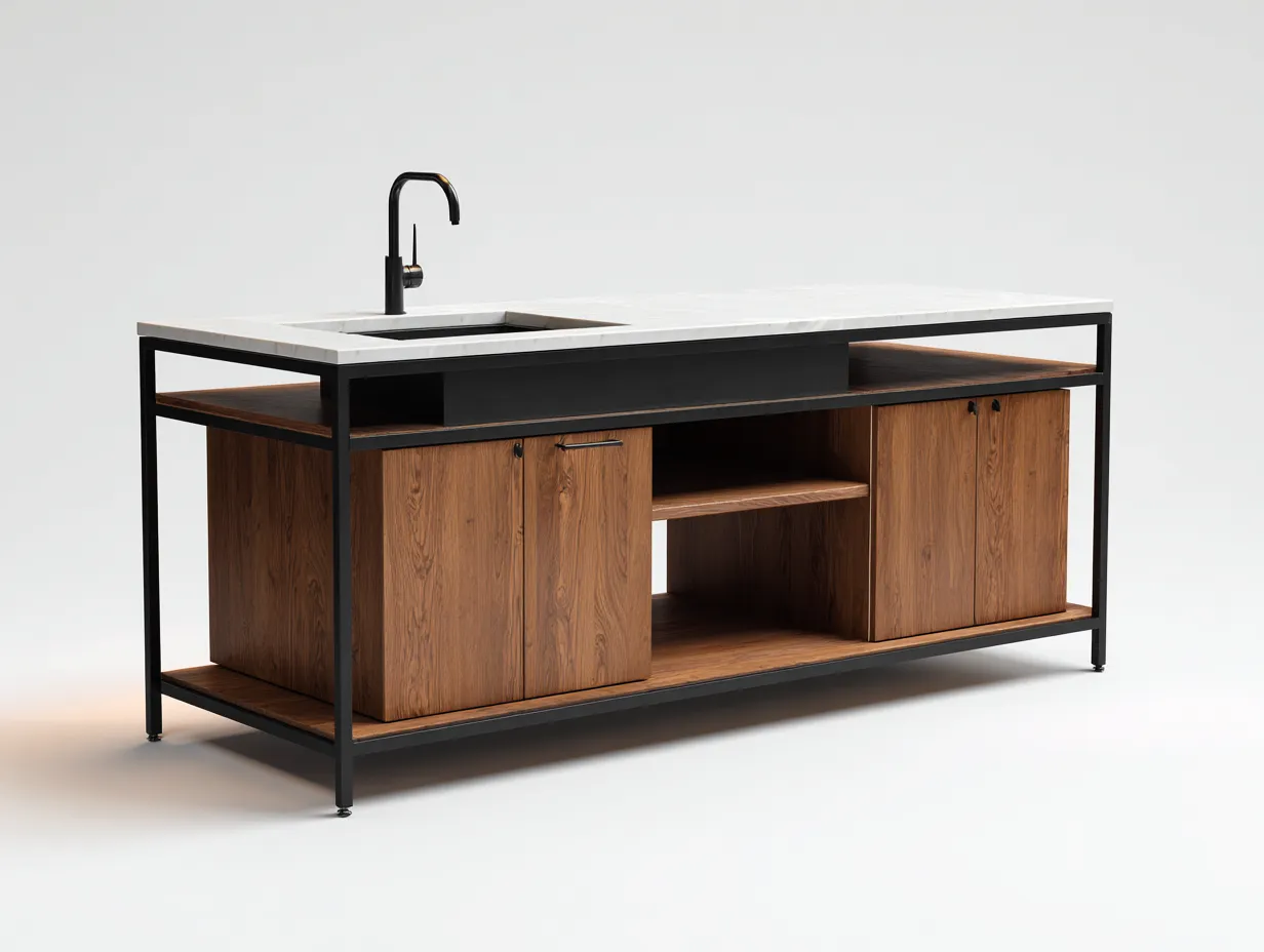 Islas de cocina madera natural y acero negro con encimera blanca 200x90x90 cm - diseño industrial para cocina-Bamboogoio
