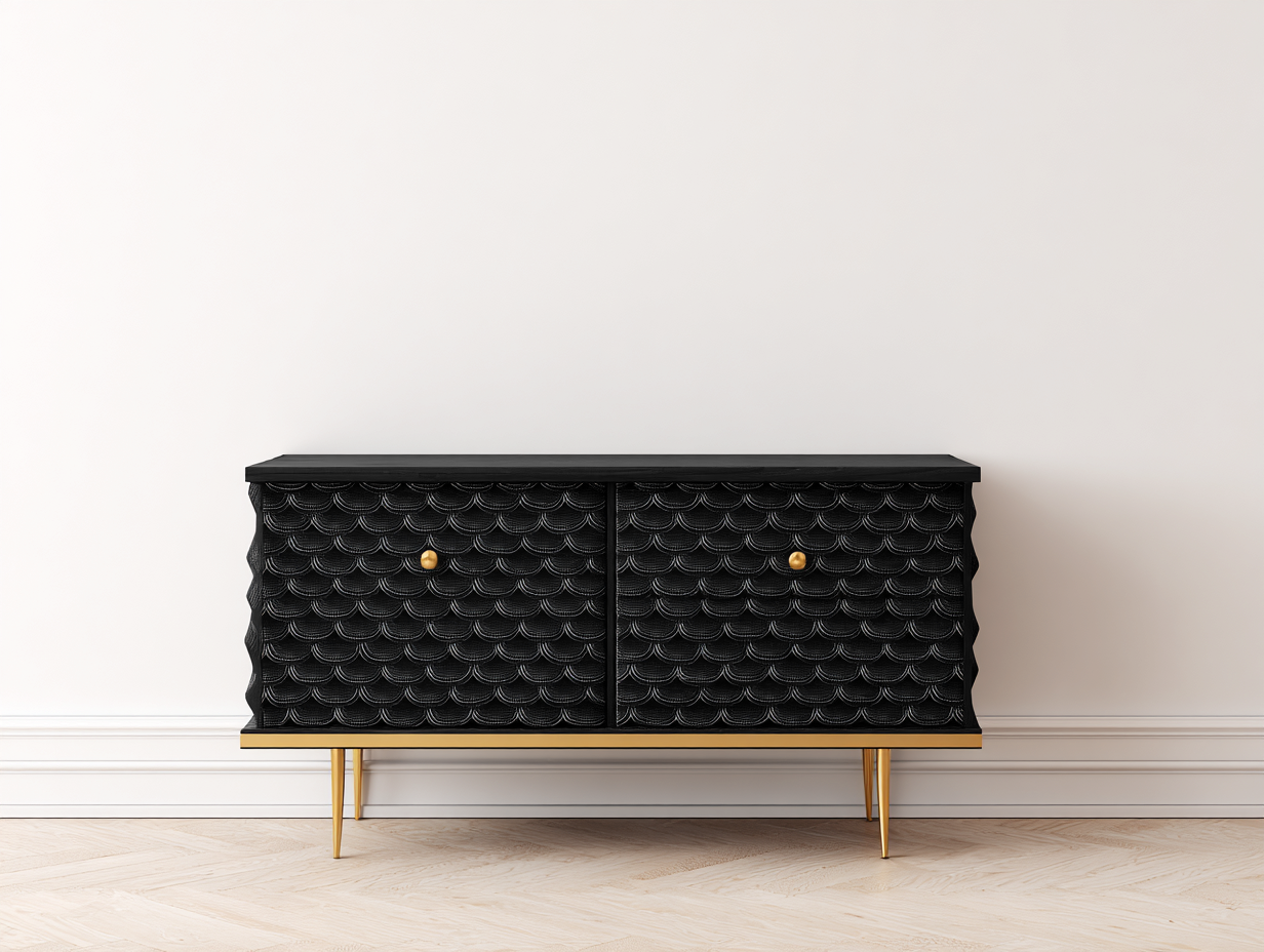Mueble recibidor madera negra con relieve decorativo y patas doradas 140x40x80 cm - diseño moderno para entrada-Bamboogoio