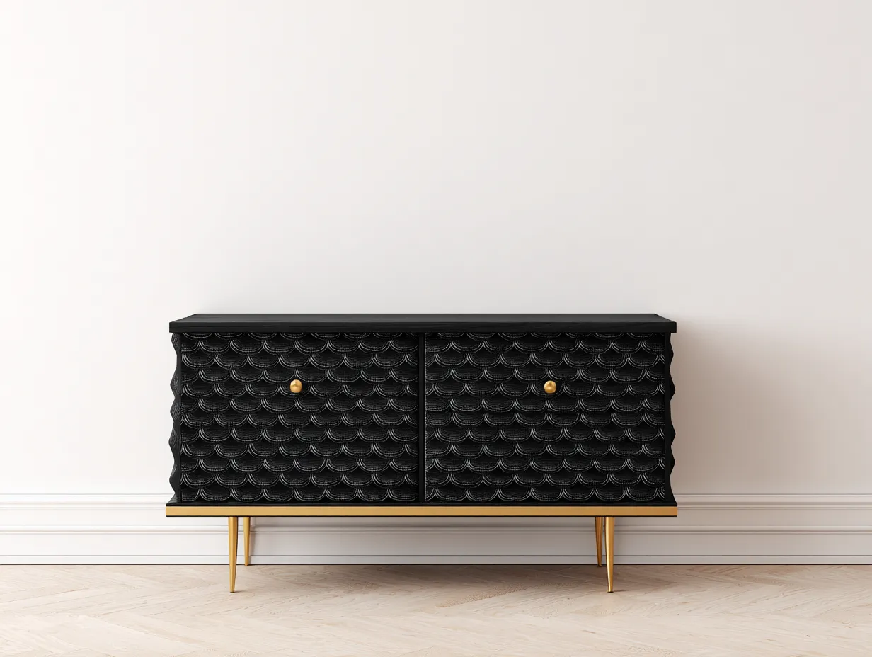 Mueble recibidor madera negra con relieve decorativo y patas doradas 140x40x80 cm - diseño moderno para entrada-Bamboogoio