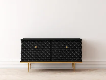 Mueble recibidor madera negra con relieve decorativo y patas doradas 140x40x80 cm - diseño moderno para entrada-Bamboogoio