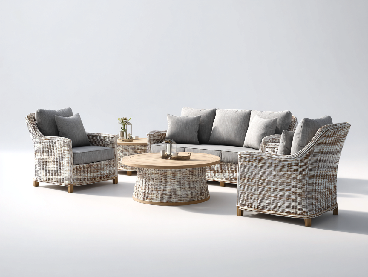 Sofás de jardín de ratán con mesa redonda conjunto de exterior 4 piezas - Natural - Estilo moderno relajante-Bamboogoio