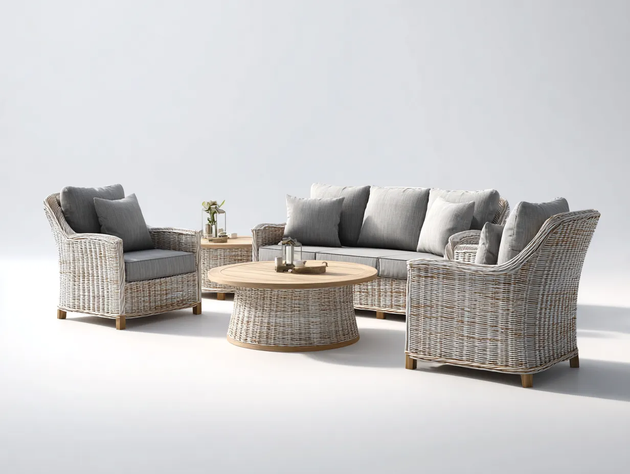 Sofás de jardín de ratán con mesa redonda conjunto de exterior 4 piezas - Natural - Estilo moderno relajante-Bamboogoio