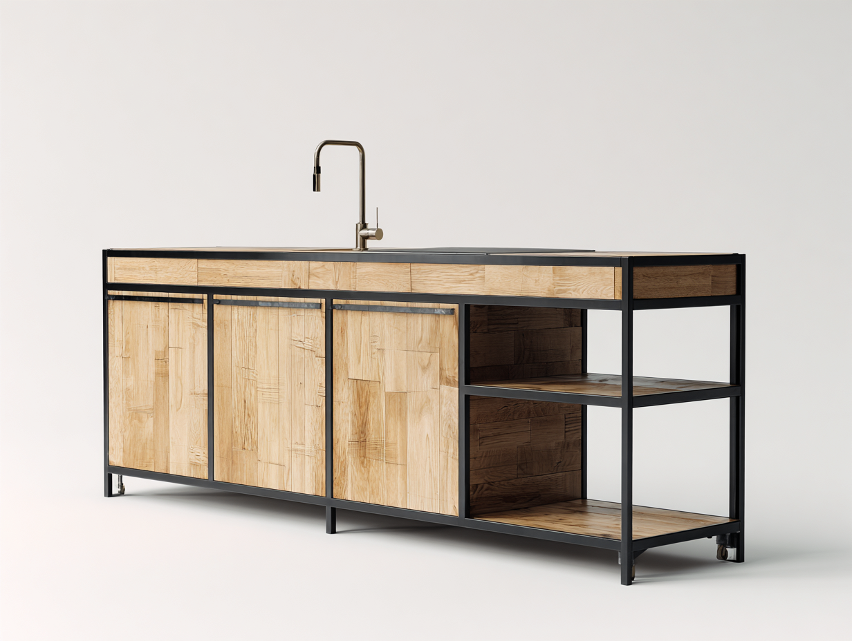 Islas de cocina acero y madera 200x70x90 cm negro estilo industrial-Bamboogoio