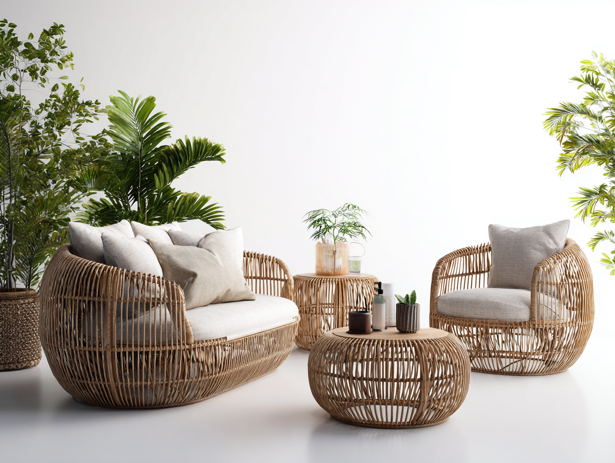 Sofás de jardín de ratán natural con cojines 210x90x80 cm natural y beige - diseño mediterráneo - para terraza y jardín-Bamboogoio