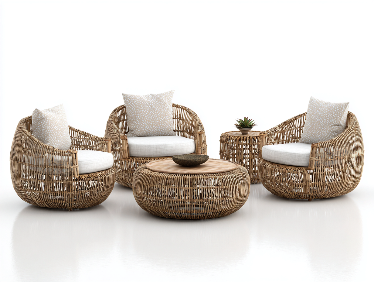 Sofás de jardín ratán natural con cojines beige y mesa redonda 180x80x75 cm - diseño moderno para exterior-Bamboogoio
