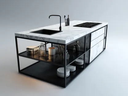 Islas de cocina con encimera efecto mármol y estructura metálica 160x80x90 cm - Blanco - Estilo moderno funcional-Bamboogoio