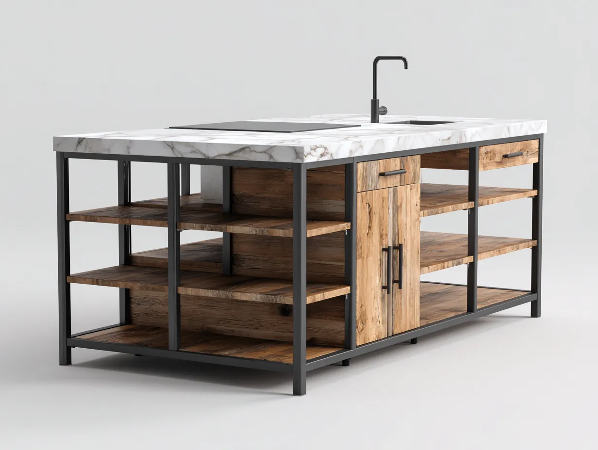 Islas de cocina con encimera efecto mármol y estructura metálica 180x90x90 cm natural y negro - diseño industrial - para cocina-Bamboogoio