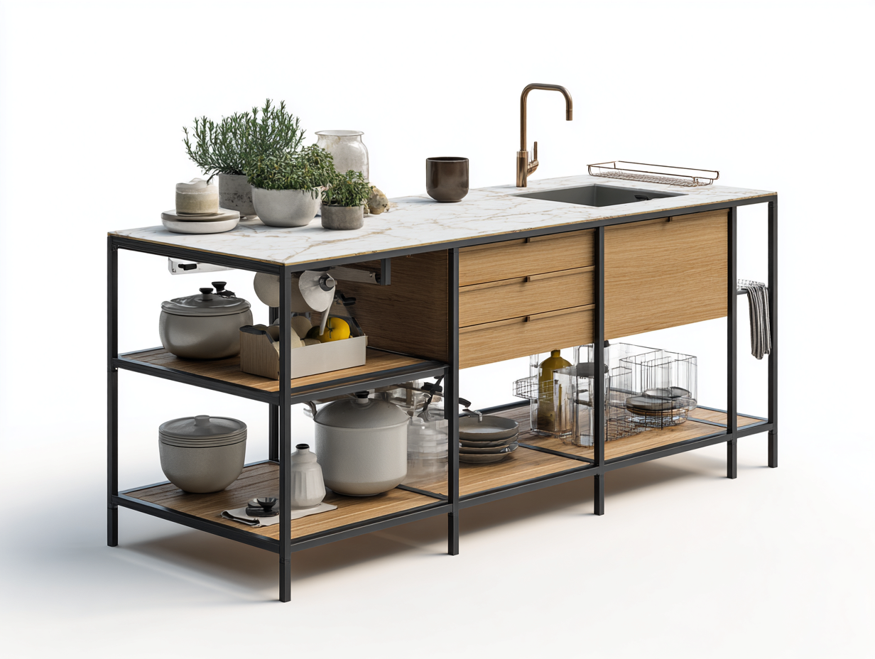 Islas de cocina con encimera efecto mármol y estantes abiertos 180x80x90 cm - Blanco - Estilo moderno funcional-Bamboogoio