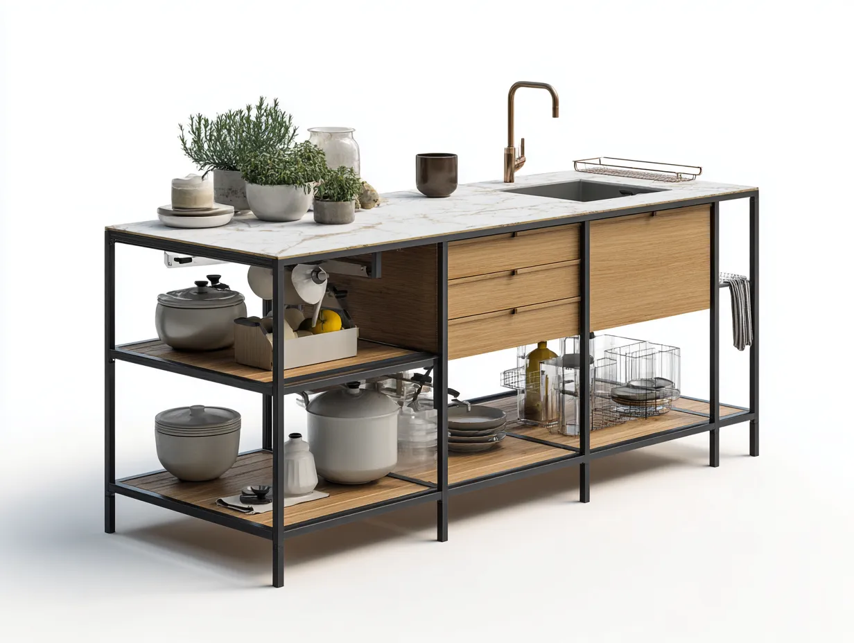Islas de cocina con encimera efecto mármol y estantes abiertos 180x80x90 cm - Blanco - Estilo moderno funcional-Bamboogoio