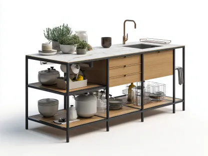 Islas de cocina con encimera efecto mármol y estantes abiertos 180x80x90 cm - Blanco - Estilo moderno funcional-Bamboogoio