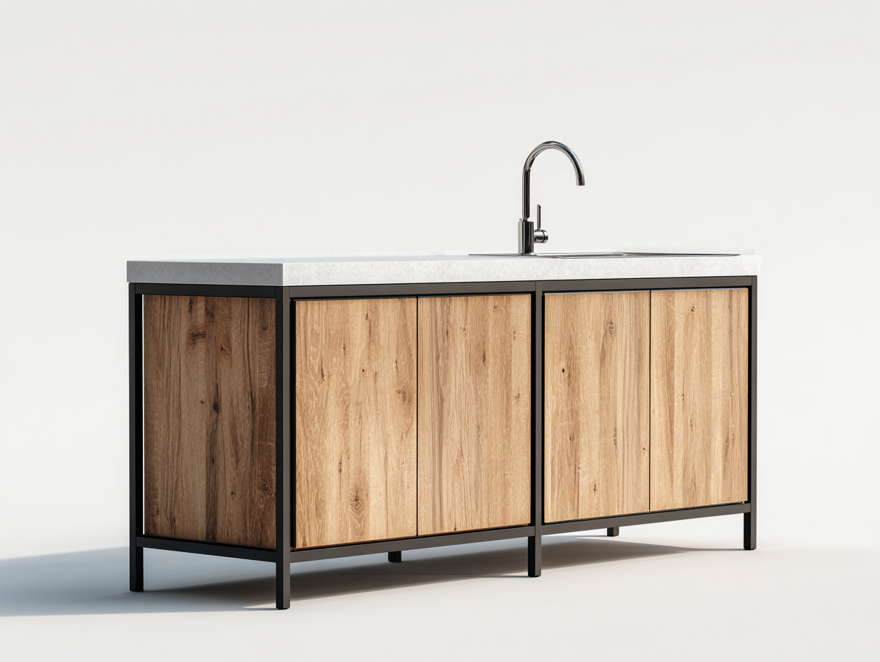Islas de cocina madera natural y acero negro con encimera gris 180x80x90 cm - diseño industrial para cocina-Bamboogoio
