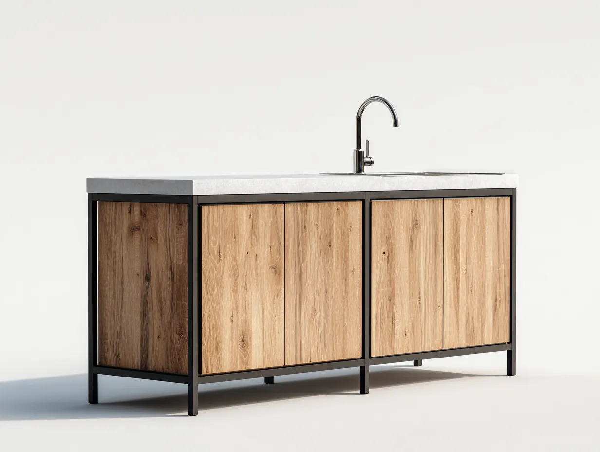 Islas de cocina madera natural y acero negro con encimera gris 180x80x90 cm - diseño industrial para cocina-Bamboogoio