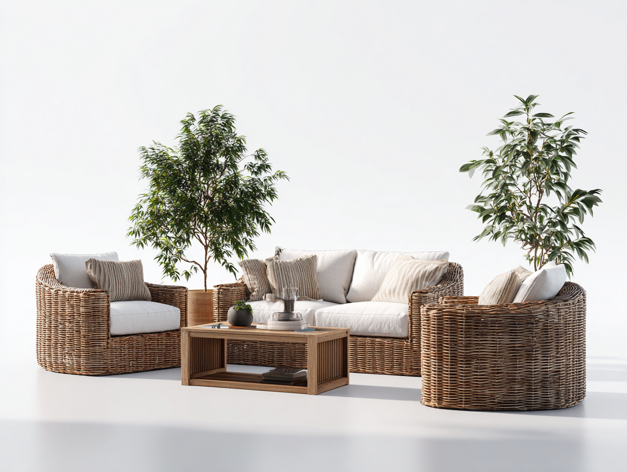 Sofás de jardín ratán natural con cojines beige y mesa de centro 200x80x75 cm - diseño moderno para exterior-Bamboogoio
